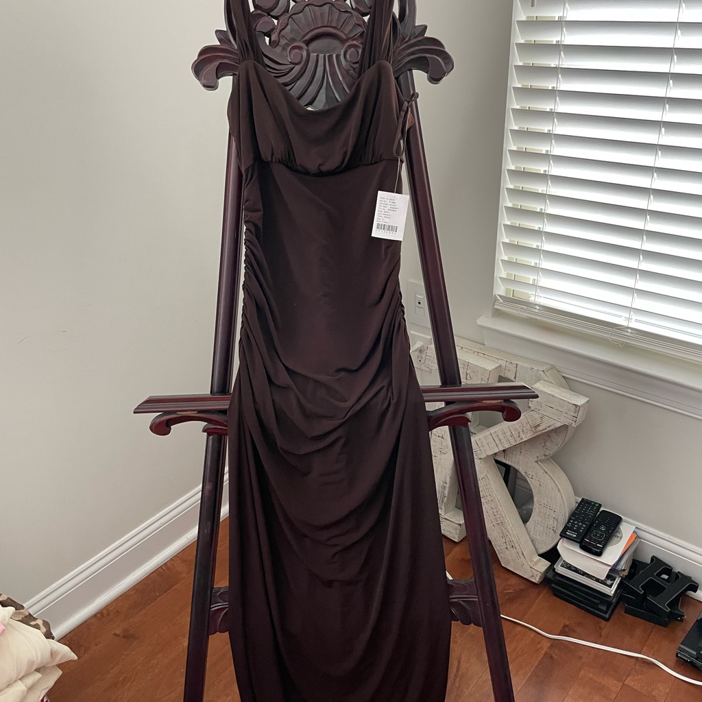 Brand New With Tags Amsale Brown Strap Floor Length Dress Gown. Size 12